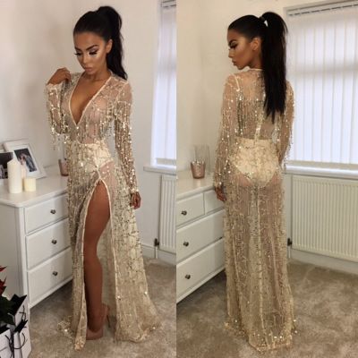 2021 Hot Sale Long Style Beige Color Evening Sexy Dress Dinner Party Clothes Sequins And Tassels Design Deep V Neck Split Fitness Maxi Dress From Shenzhenzoewang 16 69 Dhgate Com