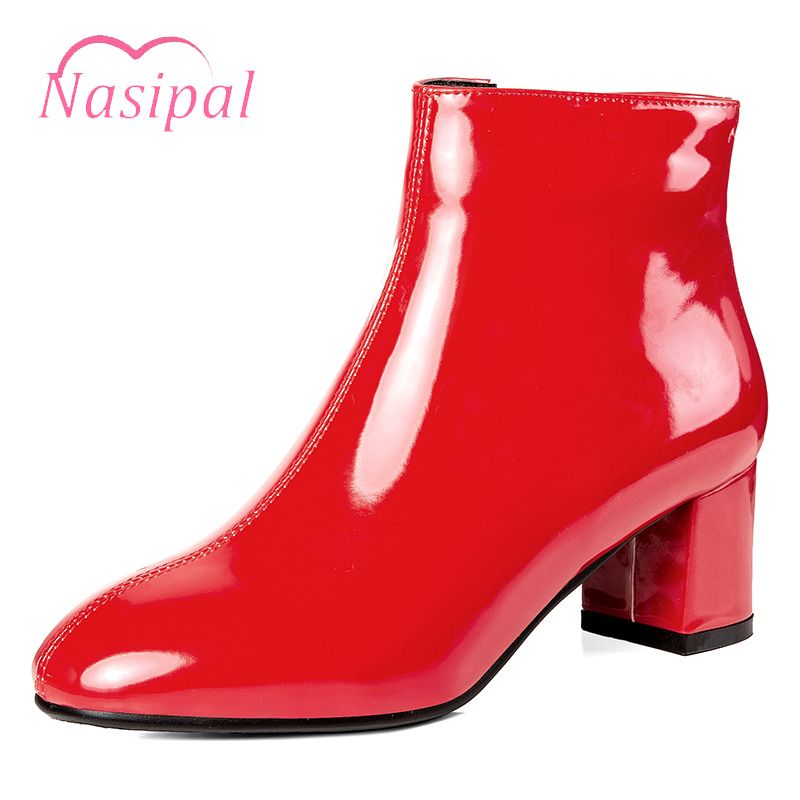 patent leather chunky heel boots