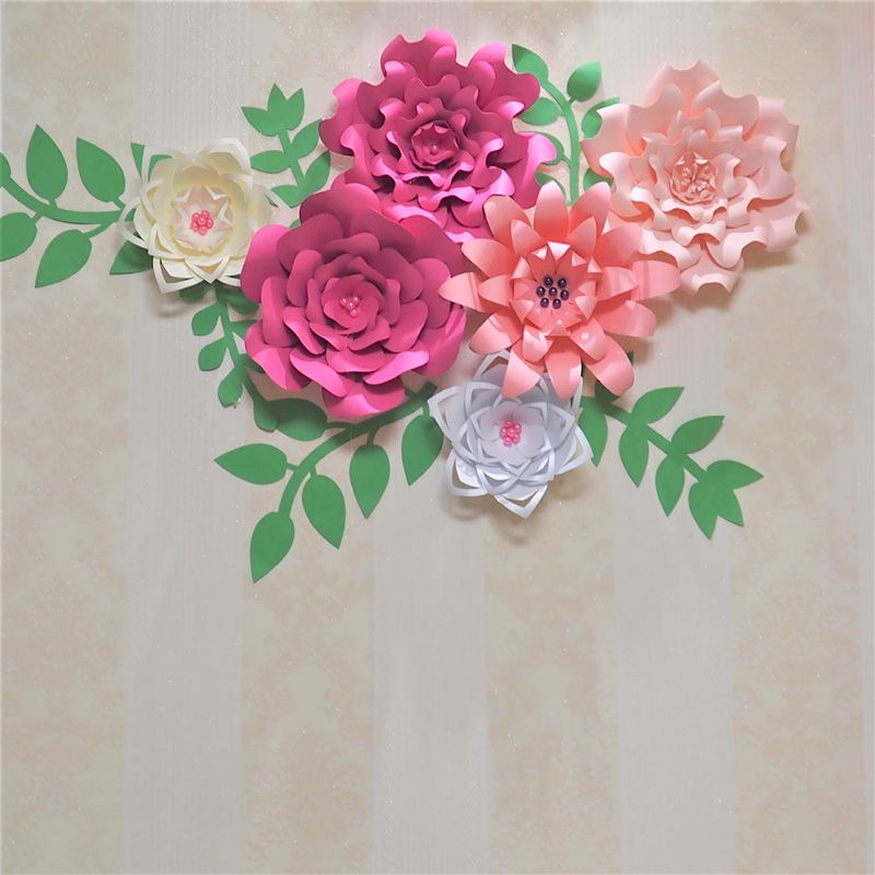 2018 flores gigantes de papel telón de fondo 6 unids + hojas 6 unids para boda 2018 flores gigantes de papel telón de fondo 6 unids + hojas 6 unids para boda