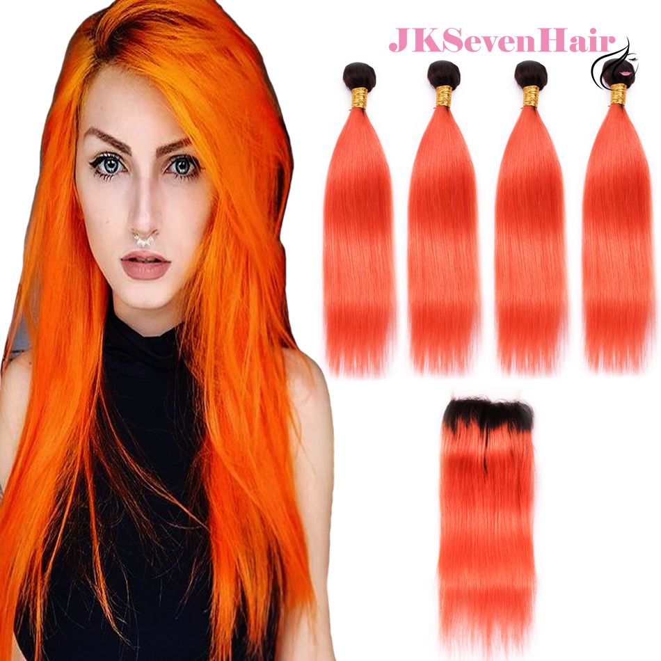 Two Tone Orange Straight Brazilian Virgin Hair Extensions With 4x4
