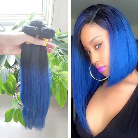 Blue Ombre Hair Weave Extensions Straight Two Tone Color 1b Blue