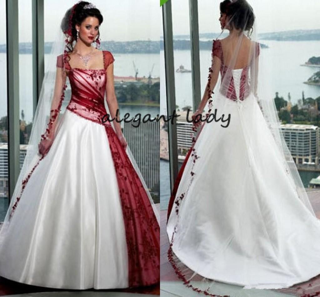 Grosshandel Vintage Creme Und Burgund A Linie Brautkleider 2018 Square Cap Sleeve Gericht Zug Lace Up Country Garden Gothic Brautkleider Von Alegant Lady 115 57 Auf De Dhgate Com Dhgate
