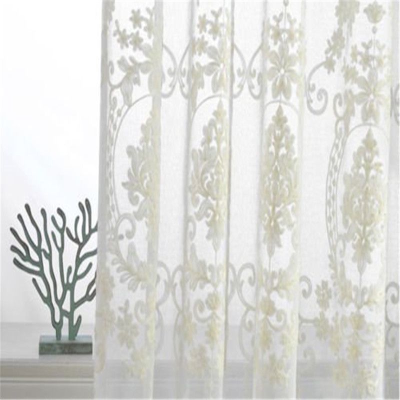 Floral Damask Embroidered White Sheers Curtain French Country Victorian Windows