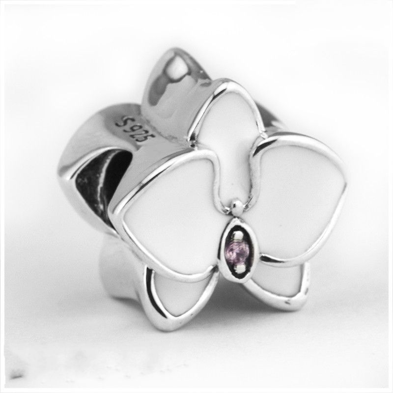 925 Sterling Silver Enamel Orchid Flower Dangle Bead Charm Fit Major Brand Bracelet 