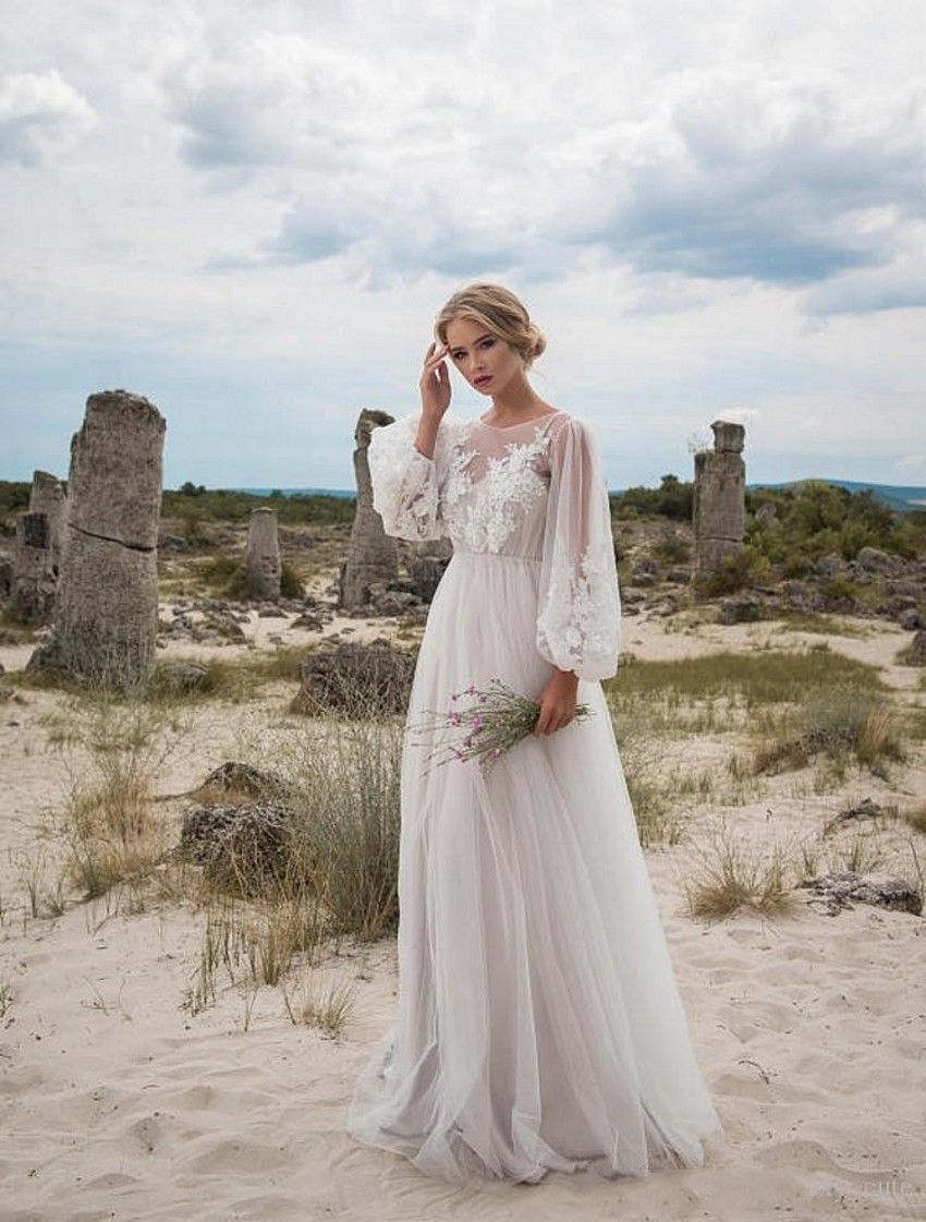 Nuevos vestidos de novia boho de manga larga Vestidos de novia bohemios Apliques Tulle palabra