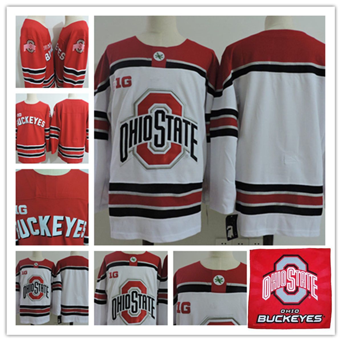 Mens NCAA BIG TEN Ohio State Buckeyes College Hockey Jerseys White Red