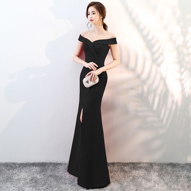 black v neck off the shoulder dress