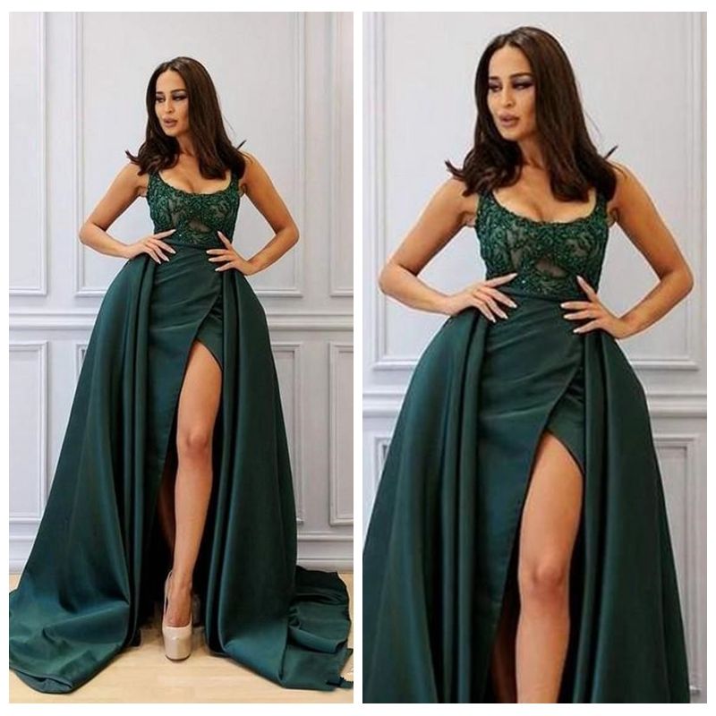 Compra Vestidos De Sirena De Color Verde Oscuro De Talla Grande Vestidos De  Noche Con Tren Desmontable Cuello Redondo Appliques De Encaje Lado  Atractivo Fiesta Formal Vestidos Fiesta Barato | Entrega Rápida
