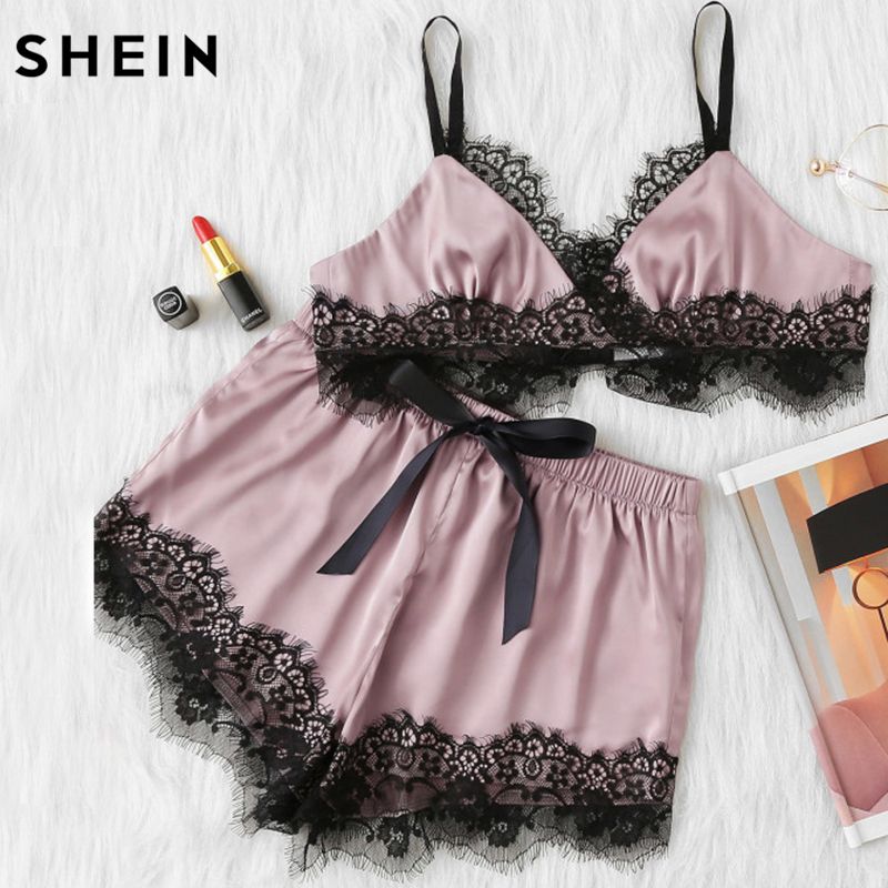 Compra SHEIN Conjunto De Pijamas De Color Rosa Para Mujer Bloque De Color  Festoneado Correa De Espagueti Con Encaje De Pestañas Cami Top Y Conjunto  De Pijama Corto S1015 Barato | Entrega