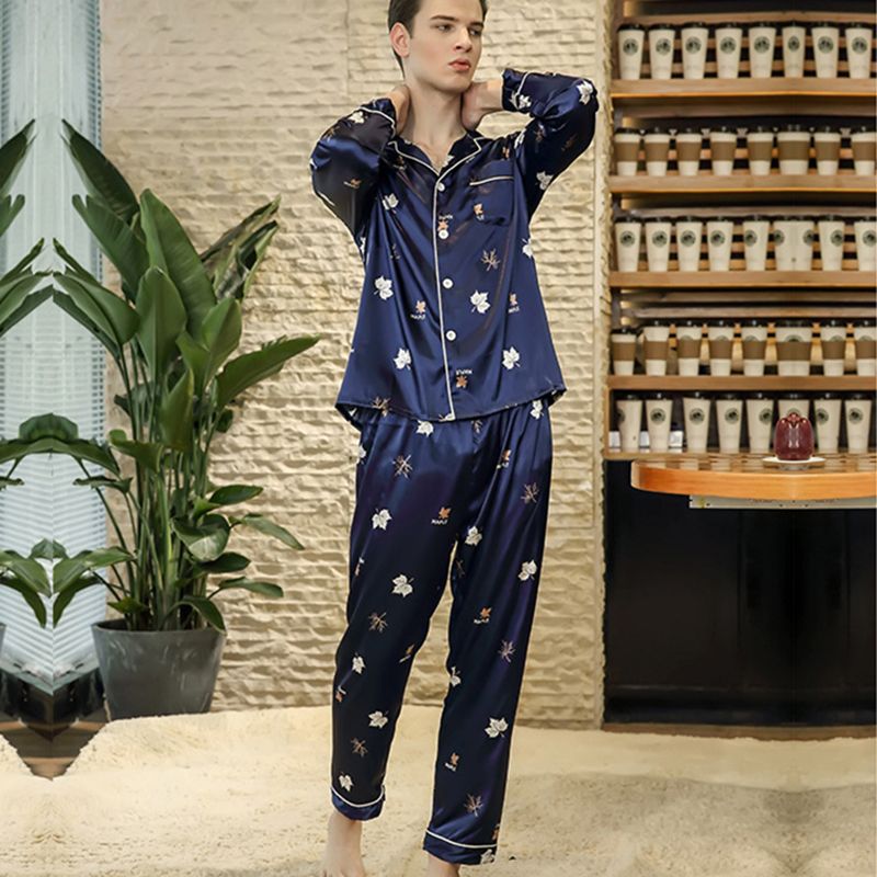 Rancio campo cúbico 2018 Hombre imitado pijama pijama conjunto masculino pijama seda ropa de  dormir largo manga larga y