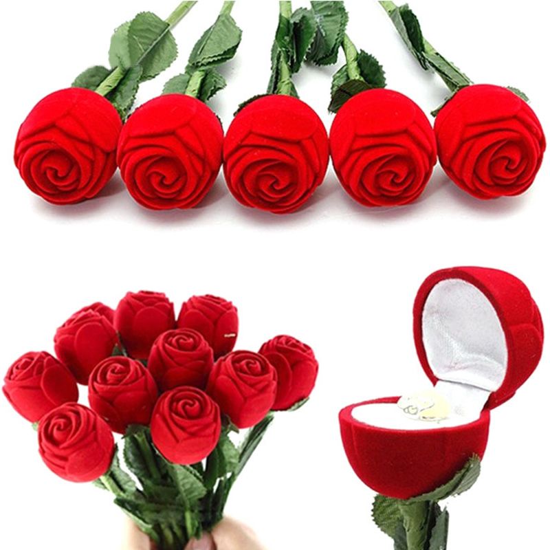 Mini Flor Artificial Rosa Vermelha Bonito e Romântico Cabeça Caixa de Jóias  Anel de Casamento Caso