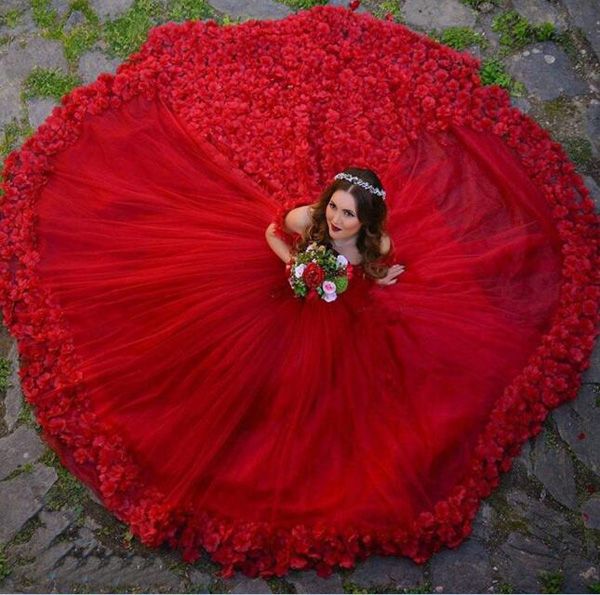 En Iyi 2019 Koyu Kirmizi Kabarik Tul Balo Gelinlik Kapali Omuz 3d El Yapimi Cicekler Dantel Up Geri Yuksek Kalite Gelinlikler Sweep Tren Fiyatlariyla Dhgate Com