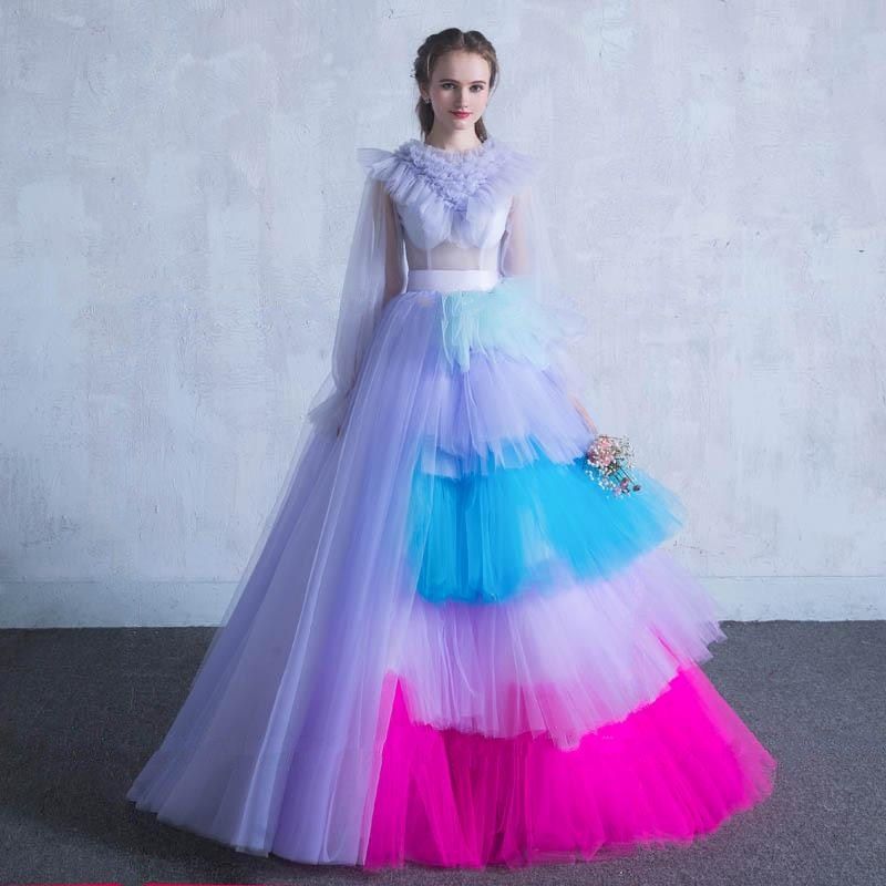 Vintage Rainbow Long Sleeve Prom Dresses Ful Puffy Tiered Tulle