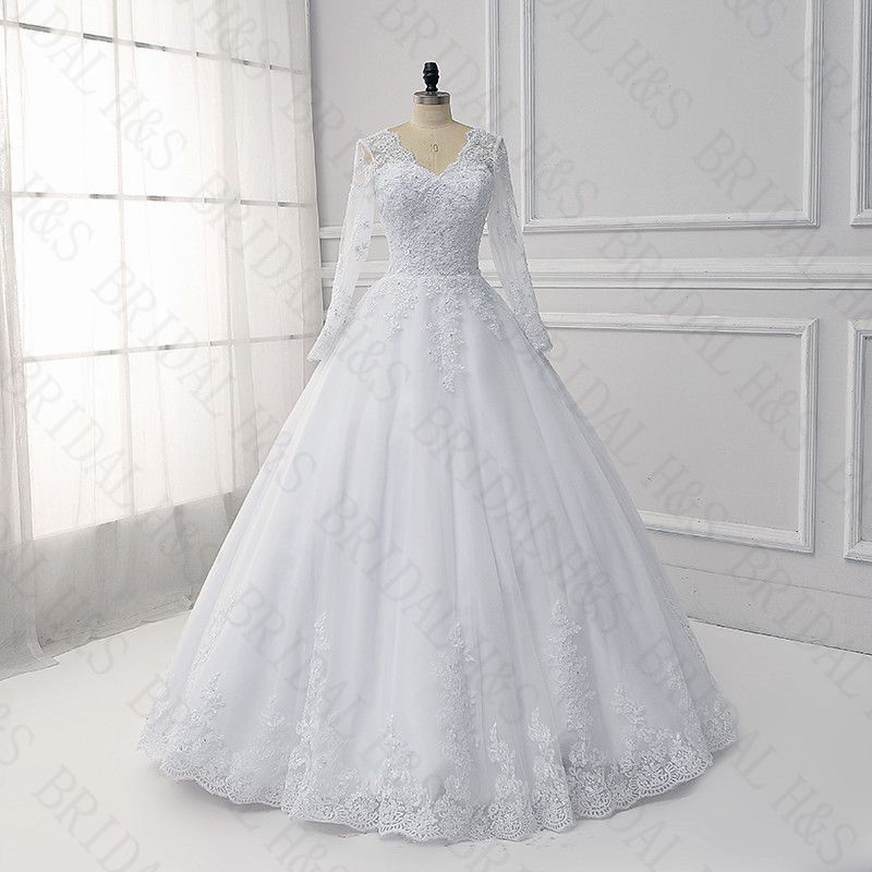 Acheter Robes De Mariée Manches Longues Détachables Cathédrale Dentelle Appliques Robe De Bal Robes De Mariée Hiver Vraie Image Robe De Mariée De