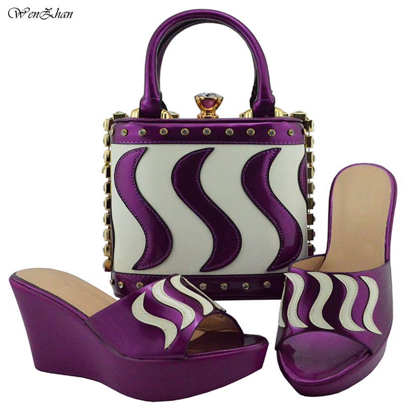purple sandals and matching bag