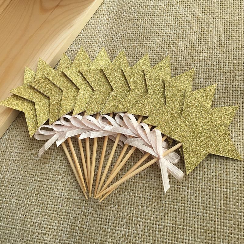 Pink Bow Gold Gliter Star Cupcake Toppers Baby Shower Girl 1st