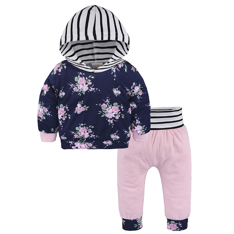 Newborn Infant Baby Girl Floral Striped Hoodie Tops+Pants Outfits Clothes Set
