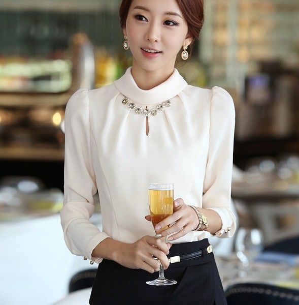 Invierno Coreano Otoño Blusas De Gasa Puff Manga Larga Diamante Cuello Alto Camisas Mujer Blusa De 15,82 | DHgate