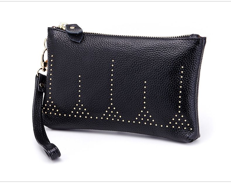 black leather clutch bag with wrist strap