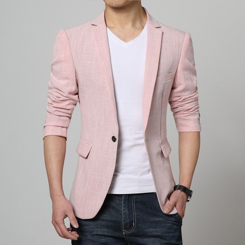 2021 Men Pink Linen Formal Blazers Men Long Sleeve Slim Fit Suit Jacket Jaqueta Masculina Korean Style Cool Trendy Blazers 72206 From Southi 56 99 Dhgate Com