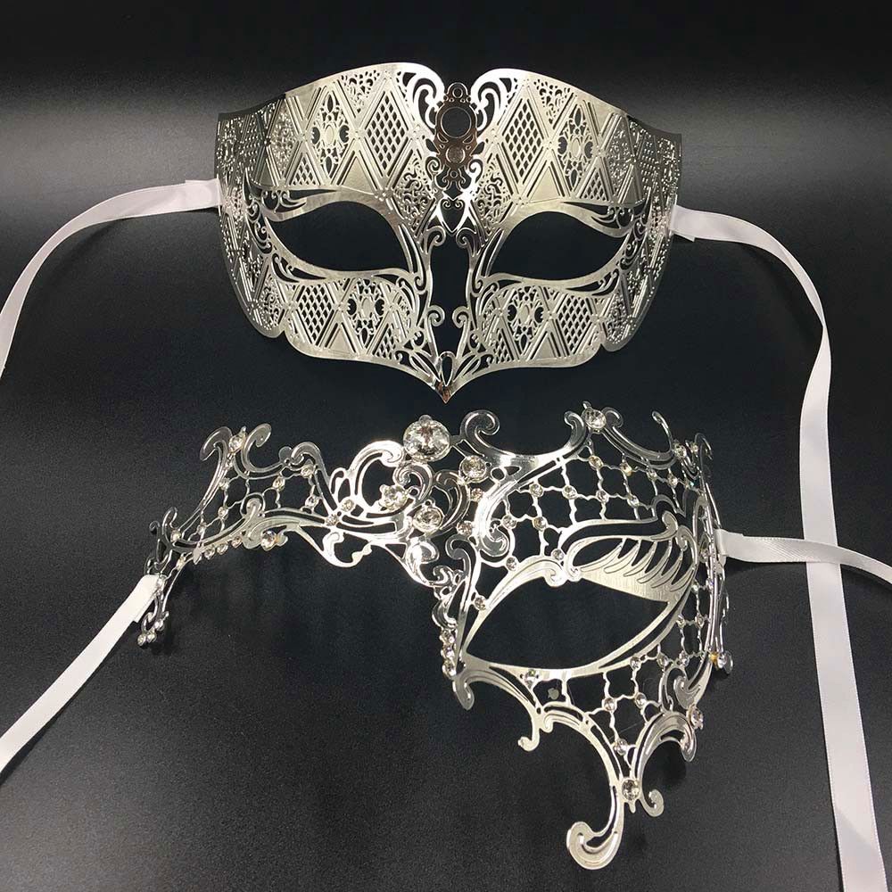 Couples Silver Roman and Silver Extravagant Costume Party Masquerade Masks Set