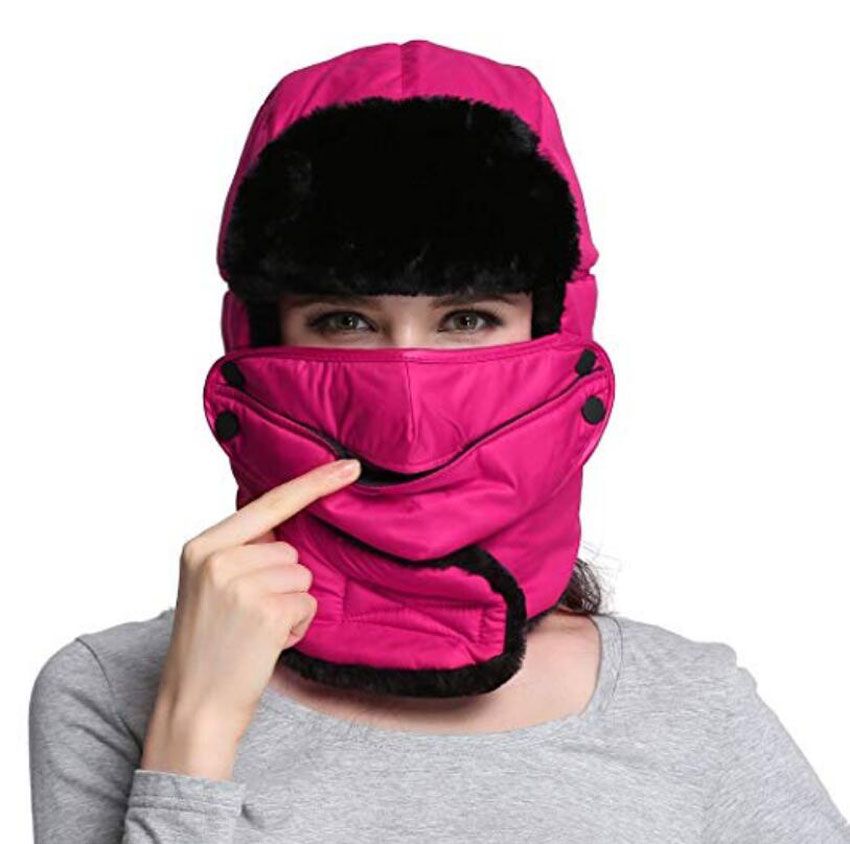 Children Winter Solid Trapper Bomber Hats with Neck Warm Scarf Masks Windproof Warm Ear Flaps