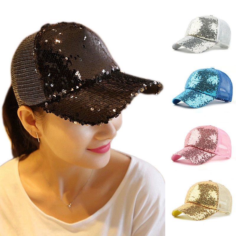 Fashion Women Ponytail Baseball Cap Sequins Shiny Messy Bun Snapback Sun Cap