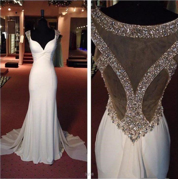 White Beaded Sparkly Chiffon Mermaid Evening Party Celebrity Dress Prom Gown