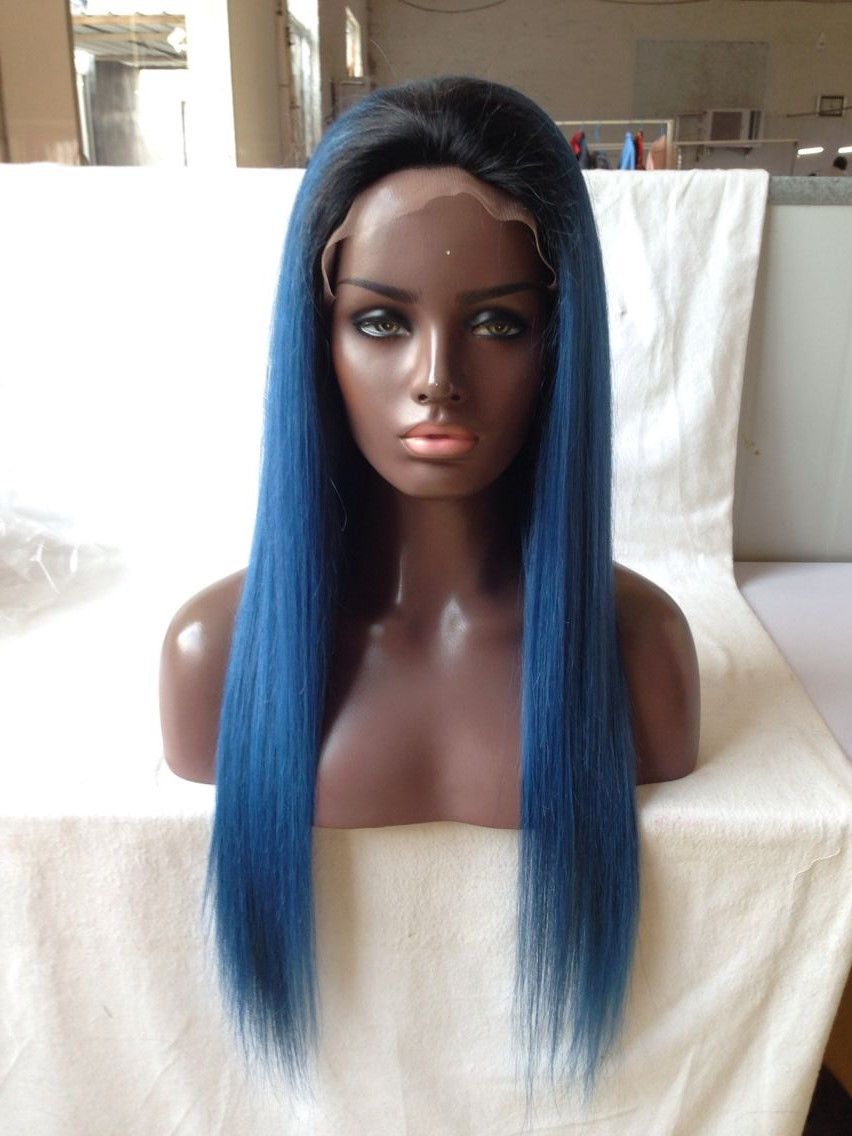 Koyu Kökler 1B Mavi İpeksi Düz Vrigin İnsan Saç Tam Dantel Peruk Ve Dantel Ön Peruk Ombre Mavi İnsan Saç Peruk İpeksi Düz Ücretsiz Kargo