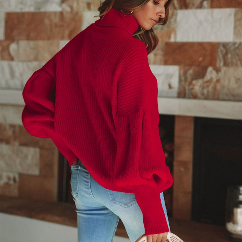 2018 Otoño Mujer Y Jerseys Rojo Vintage Cuello Alto Manga Linterna Caliente Punto Tops C85 AH26 De 41,03 € | DHgate