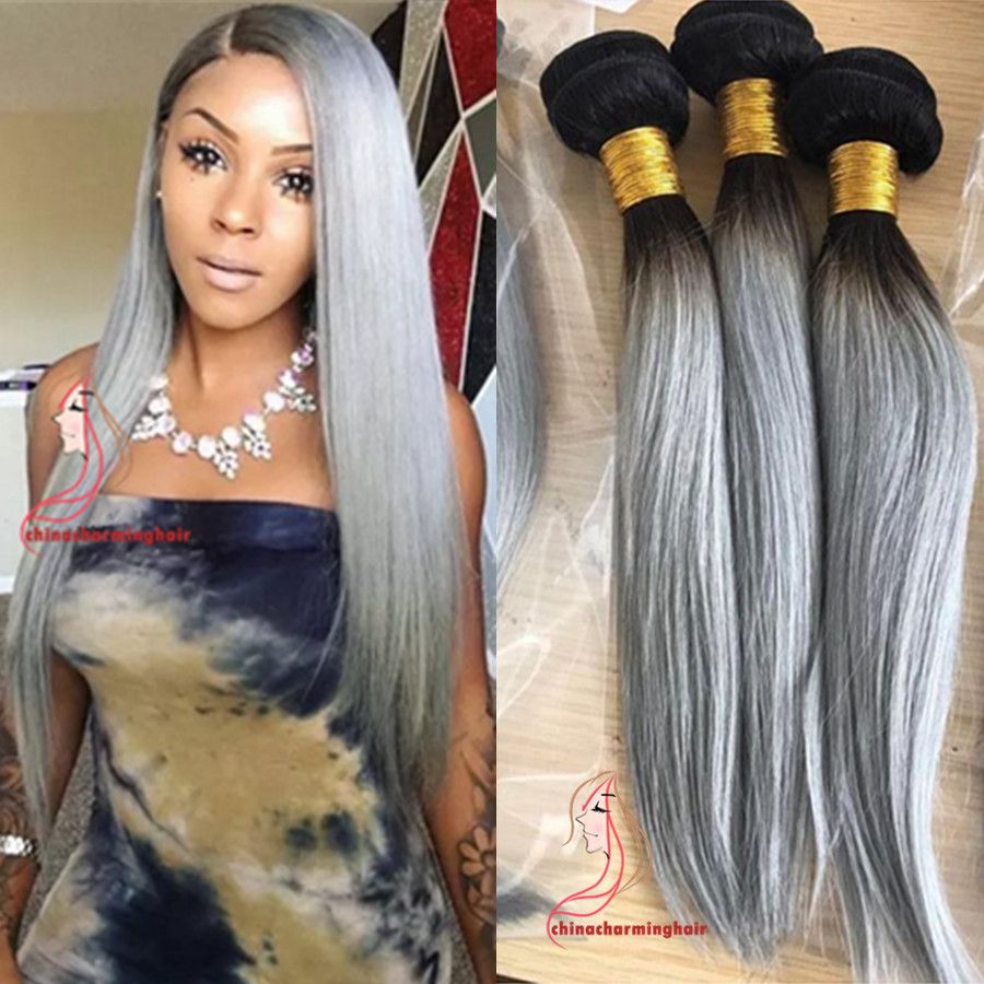 Gray Brazilian Silky Straight Ombre Silver Grey Hair Weave Bundles