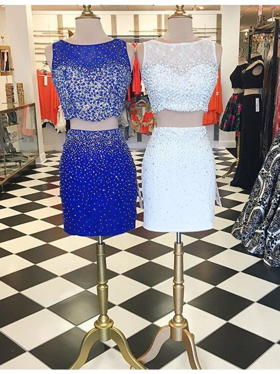 Vestidos de cóctel cortos blancos azul real Jewel Sheer Neck dos piezas de cristal con cuentas Vestidos de cóctel cortos blancos azul real Jewel Sheer Neck dos piezas de cristal con cuentas