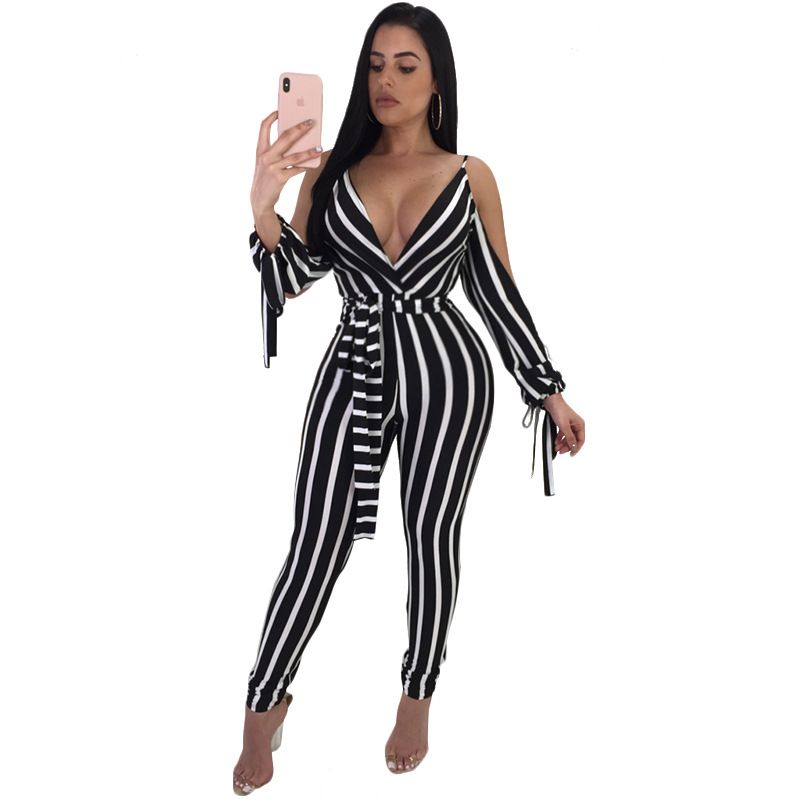 Compre Preto Branco Listrado Macacão Macacão Mulheres V Neck Backless Dividir Manga Comprida Skinny Macacão Bow Sashes Sexy Clube Partido Macacão De Afashions, $110,46 | Pt.Dhgate.Com
