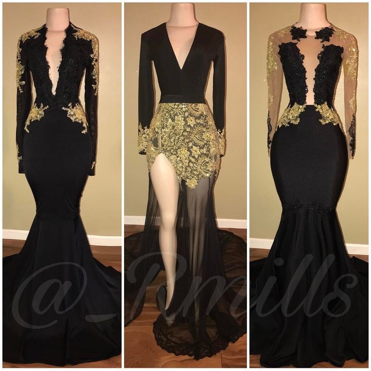 African Black Long Sleeve Mermaid Prom Dresses 2018 New V Neck Gold Lace Applique Floor Length Illusion Formal Evening Dresses Party Gowns Chiffon