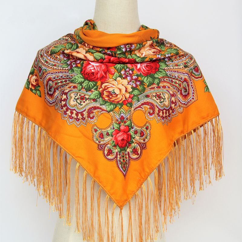 Womens Scarves Russian Big Size Square Cotton Long Tassel Print Shawl