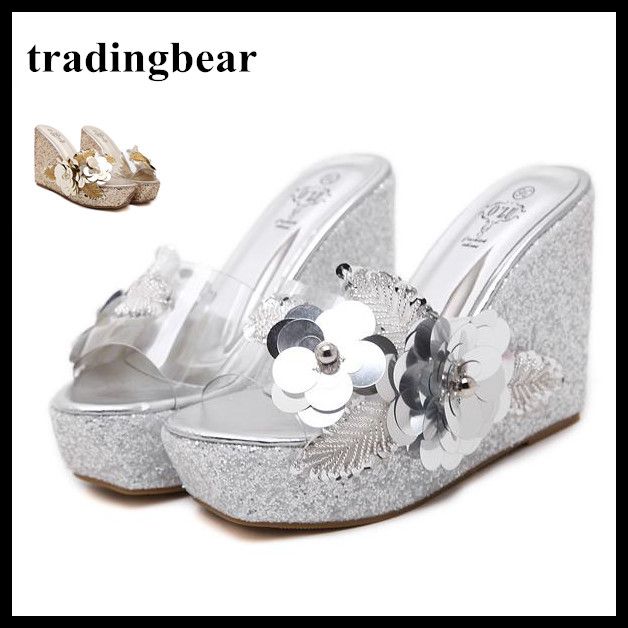silver sparkly wedge heels