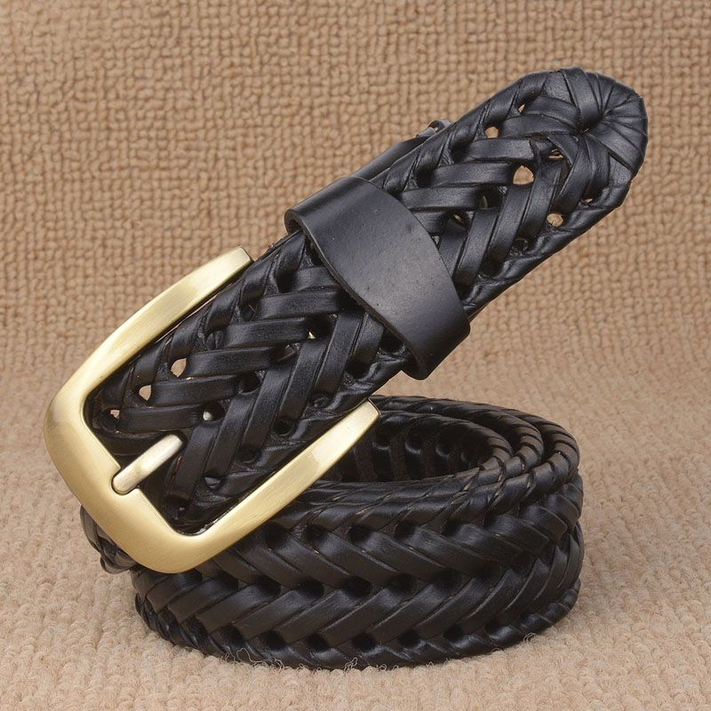 New braided leather men/'s belt hand knitted brass pin buckle casual style woven