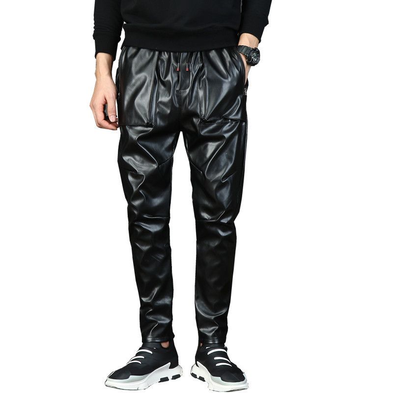 Mens Punk Moto Faux Leather Pants Male 