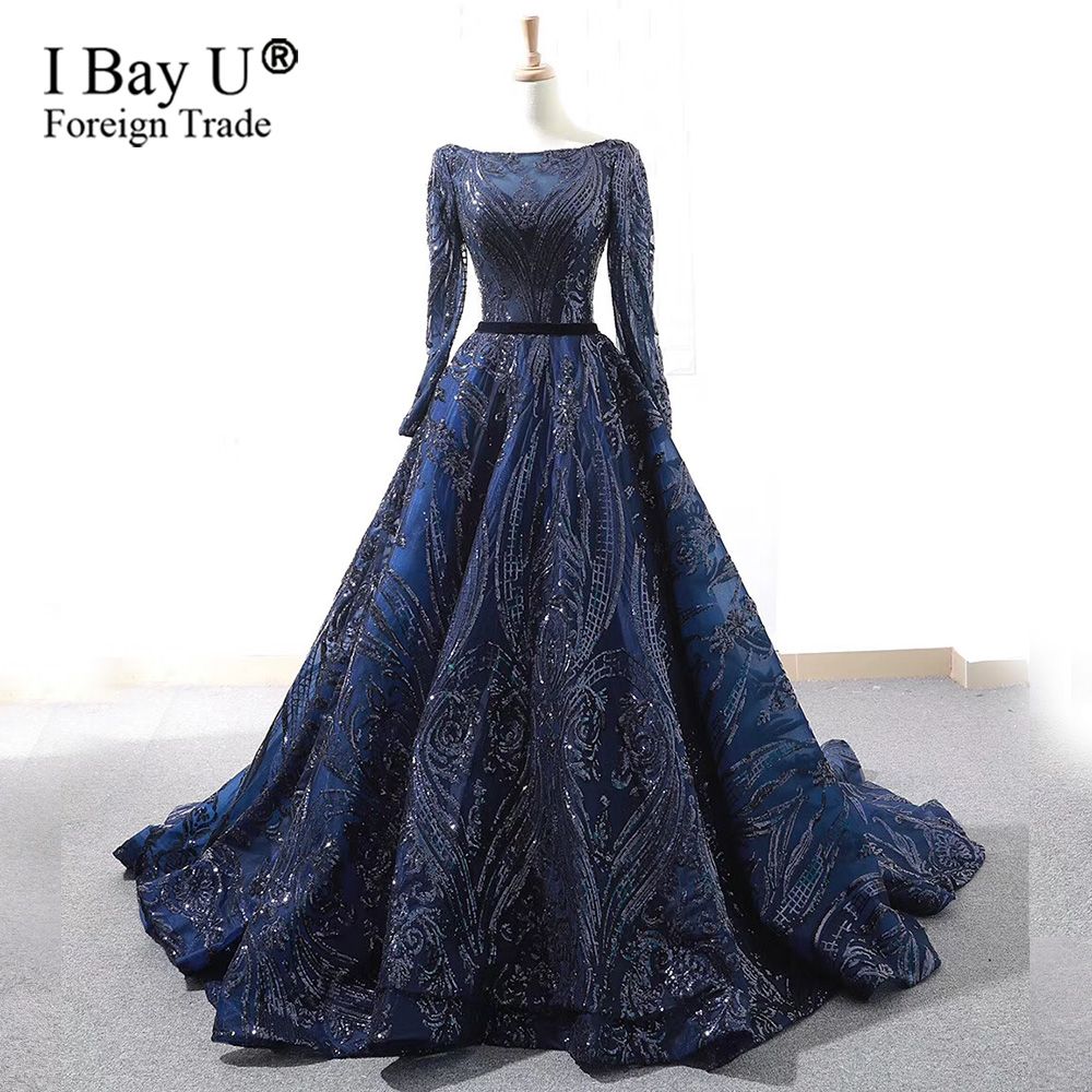 Bling Navy Blue Evening Dresses Long ...