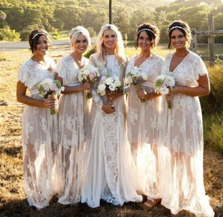 Summer Bohemian Sheer Lace Bridesmaid Dresses V Neck Short Sleeves Plus