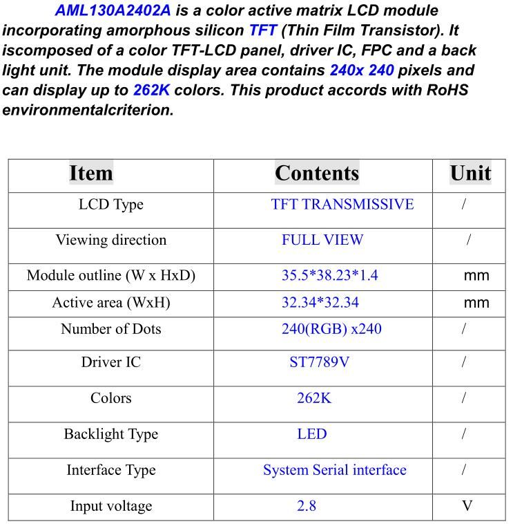 aml130a2402a round 1.3 tft display quotation