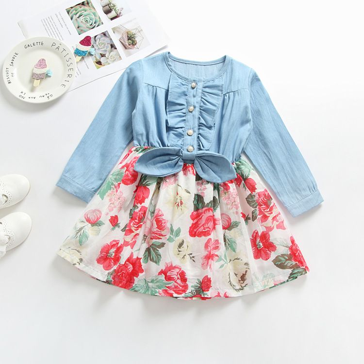 Niña de Navidad Vestidos de flores Ropa para niños Vestido estampado de mezclilla 2019 Princesa de Niña de Navidad Vestidos de flores Ropa para niños Vestido estampado de mezclilla 2019 Princesa de