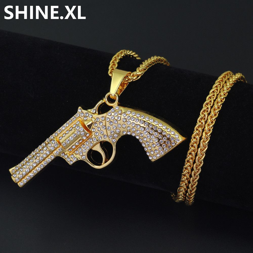 Wholesale New Full Rhinestone Gun Cross Pendant Necklaces Long Cuban Link Chain Fashion Necklace