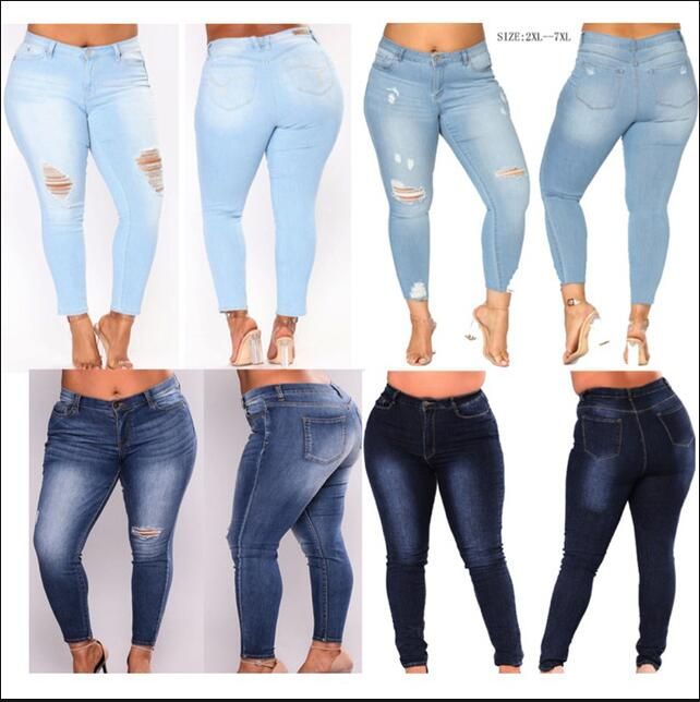 12 Style PLUS SIZE Jeans Women High Waist Skinny Pencil Blue Denim ...