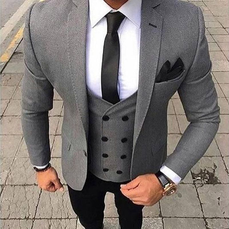 Acquistare Tre Pezzi Casual Men Suits 2019 Grigio Giacca Doppi Breasted  Gilet Black Pants Slim Fit Wedding Groom Smoking Economico | Consegna  Veloce E Qualità | DHgate Italy