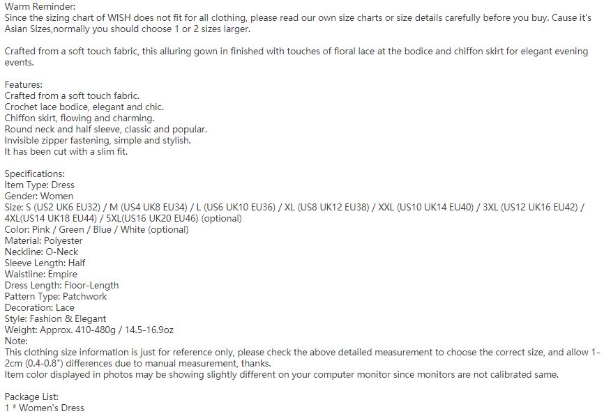 Wish Clothing Size Chart