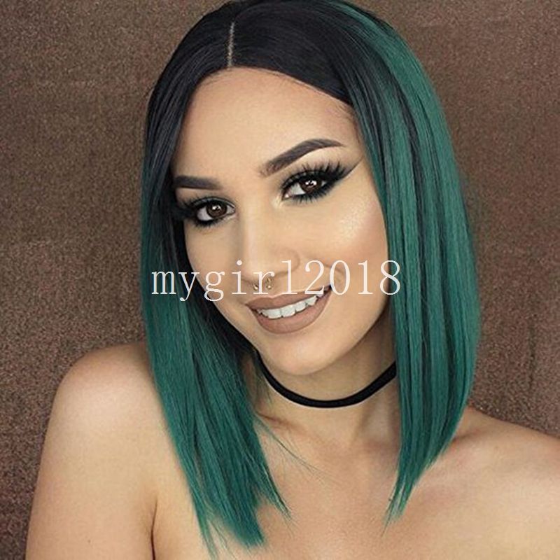Grosshandel Gunstige Short Bob Perucke Straight Ombre Green Lace Front Synthetische Perucke Schwarz Bis Grun Bob Perucke Hitzebestandige Faser Hair For