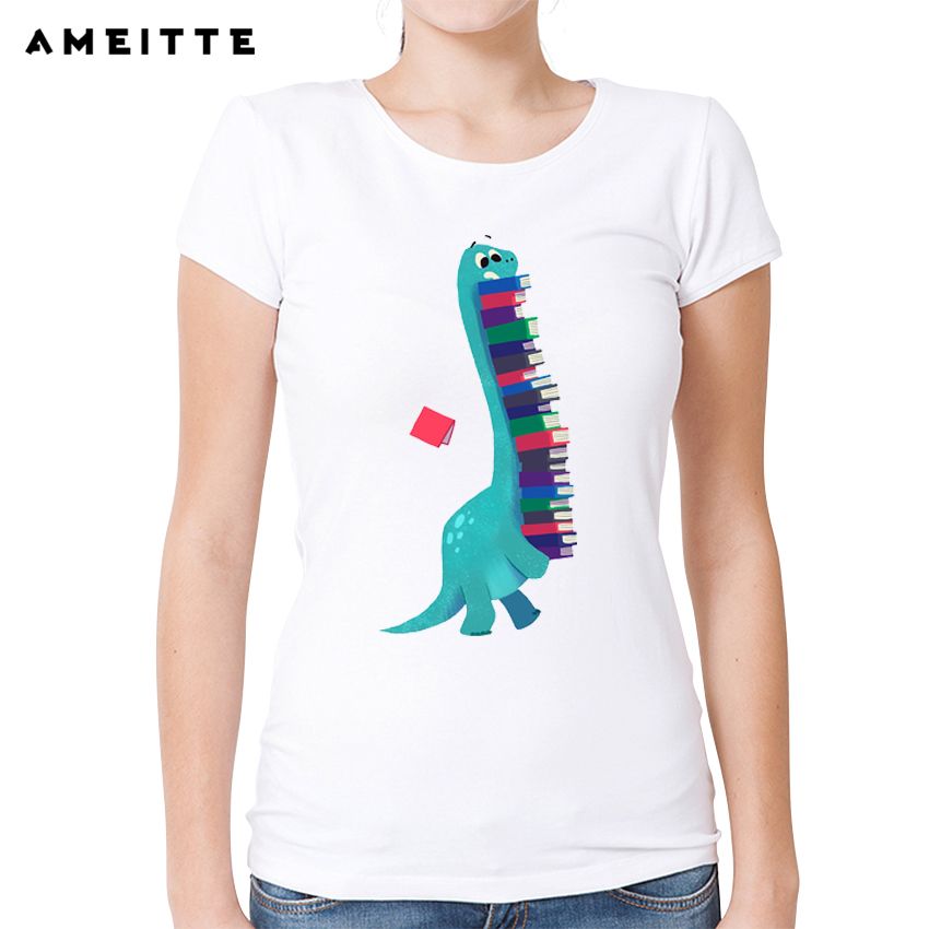 Camiseta de moda para mujer Camiseta linda de lectura de dinosaurio de dibujos animados divertidos