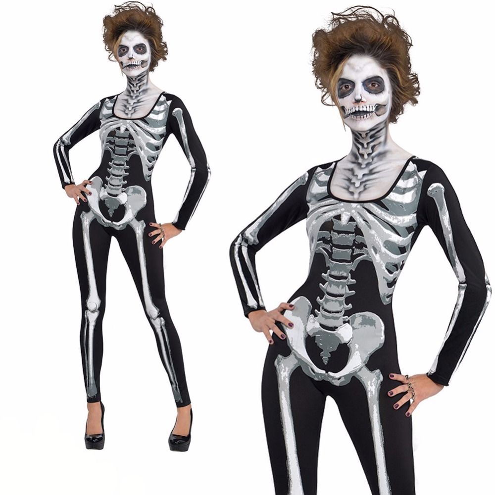Women Plus Size 2XL Bodysuits Halloween Costumes For Ladies 3D Skull Skeleton Print Scary Costume Punky Macacao From Macloth, $31.93 | DHgate.Com