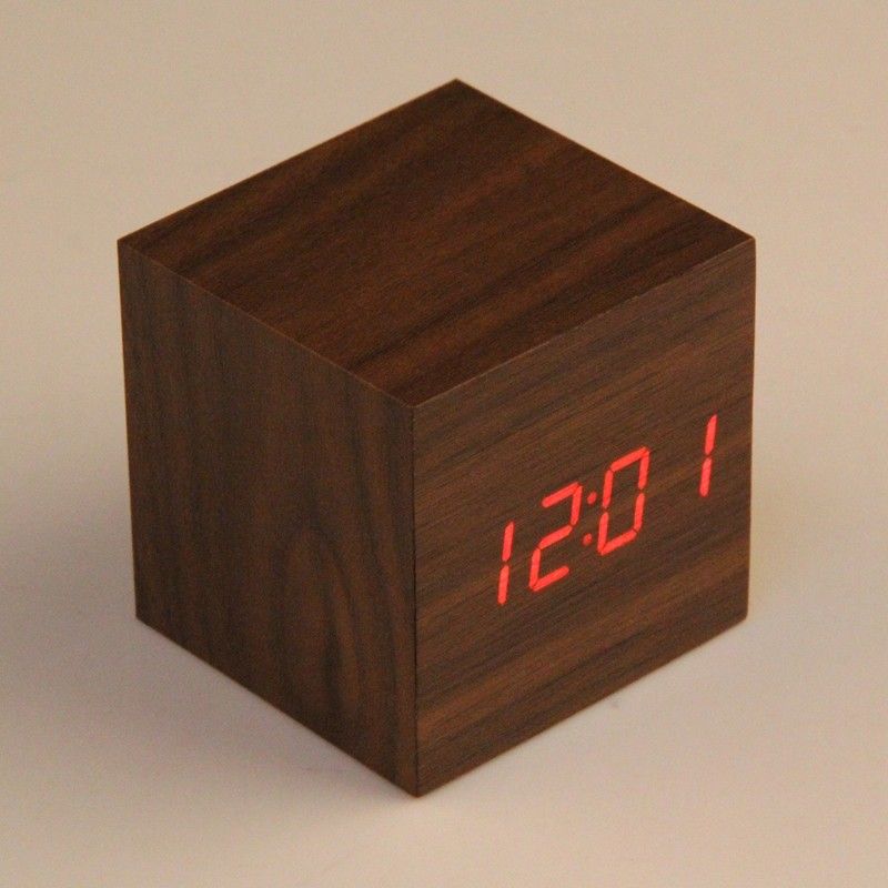 2021 Wooden Cube LED Alarm Clock Sounds Control With Temperature